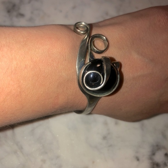 VTG Silver Plate Twisted Fork Cuff Bracelet Glass Stone Adjustable 7” Fits Loose - Picture 7 of 8